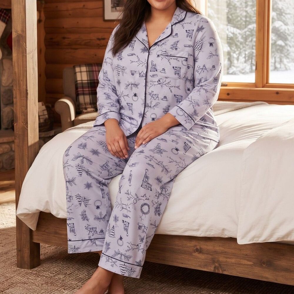 Joyspun Lavender Purple Winter Christmas Toile 2-Piece Pajama Set Large (12-14)